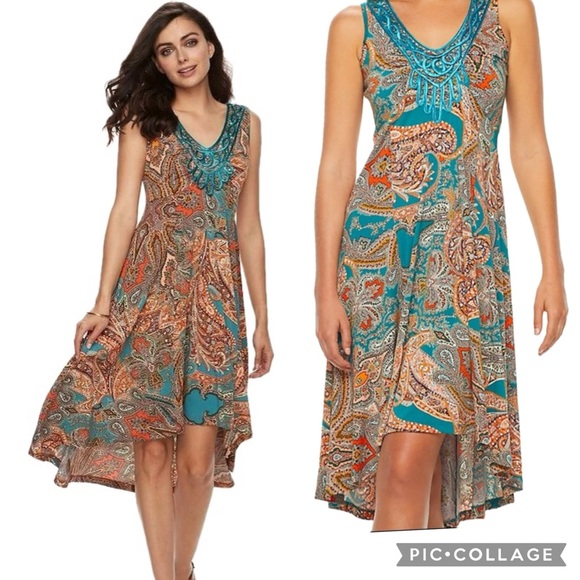 World Unity Matisse Paisley Print Embroidered Sleeveless High Low Dress - Picture 3 of 16